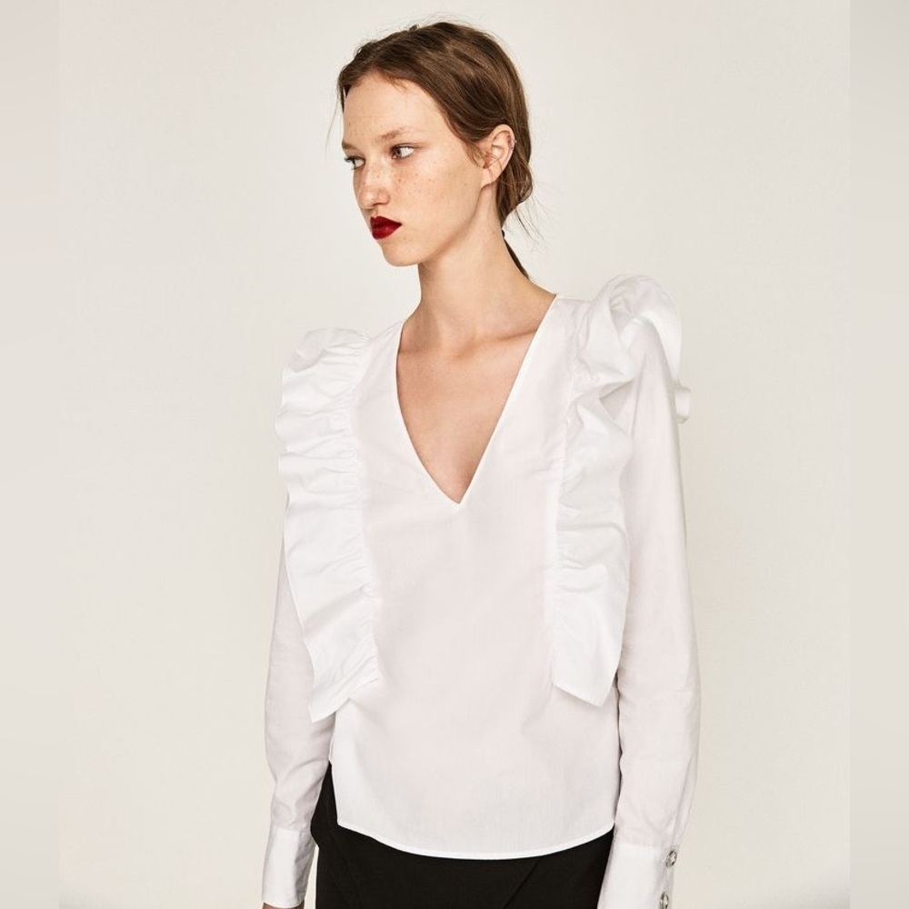 ZARA V neck frilled ruffle long sleeve top blouse Small white